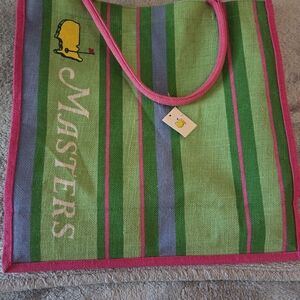 Masters Green, Blue and Pink Striped Tote with Yellow Logo